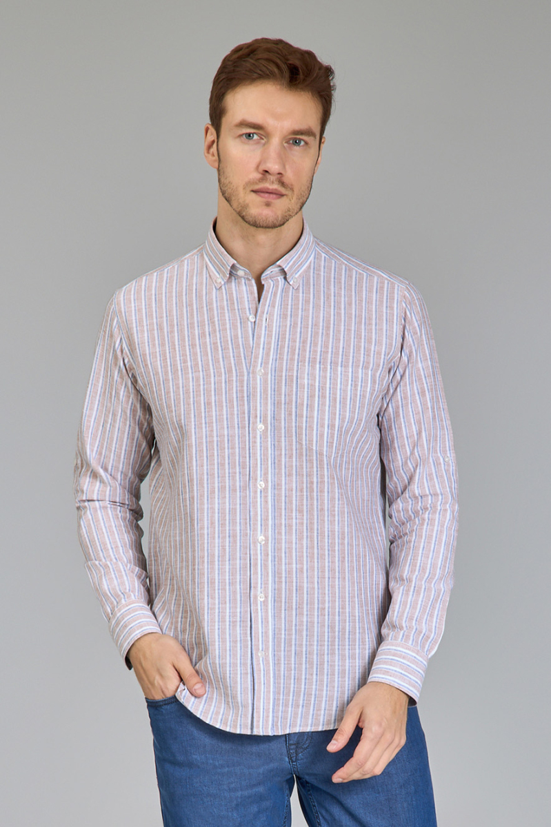 Regular Fit Paşa Yaka Çizgili Kahve Pamuk Keten Erkek Gömlek