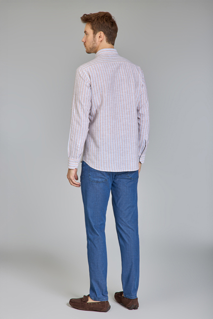 Regular Fit Paşa Yaka Çizgili Kahve Pamuk Keten Erkek Gömlek - 6