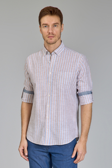 Regular Fit Paşa Yaka Çizgili Kahve Pamuk Keten Erkek Gömlek (1)