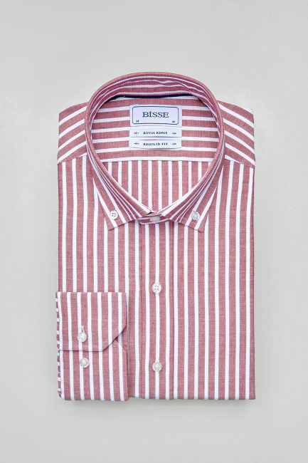 Regular Fit Paşa Yaka Çizgili Kırmızı Pamuk Erkek Gömlek - 3