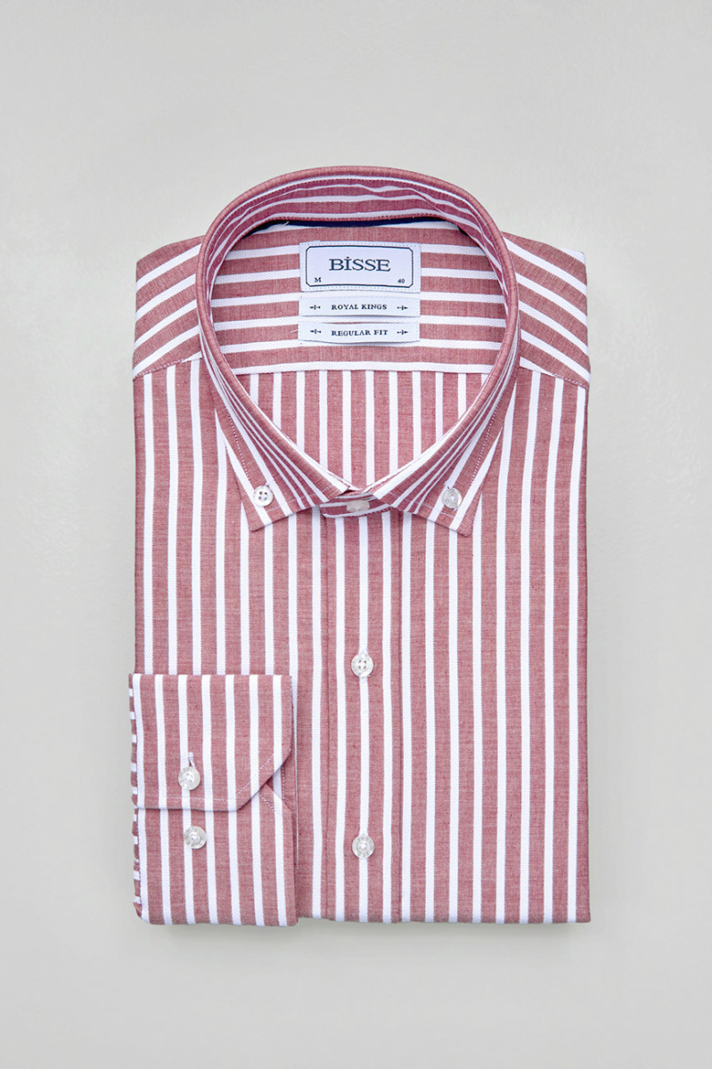 Regular Fit Paşa Yaka Çizgili Kırmızı Pamuk Erkek Gömlek - 3