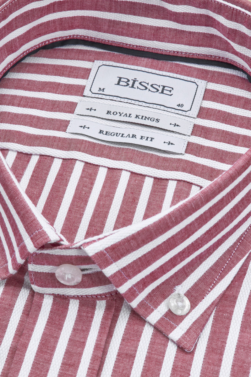 Regular Fit Paşa Yaka Çizgili Kırmızı Pamuk Erkek Gömlek - 4