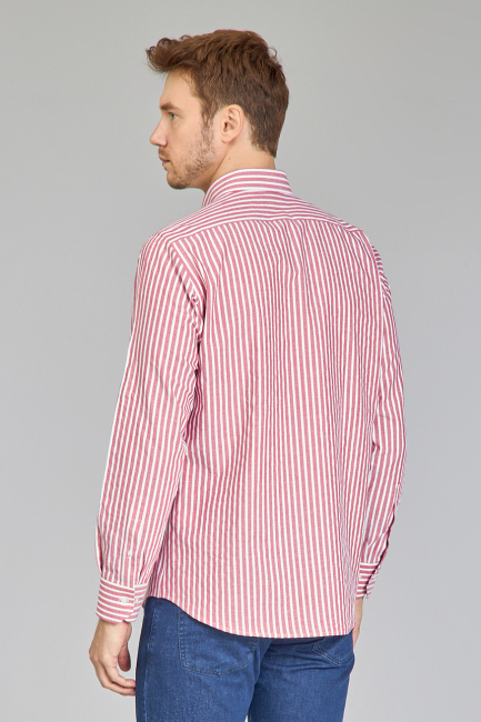 Regular Fit Paşa Yaka Çizgili Kırmızı Pamuk Erkek Gömlek - 6