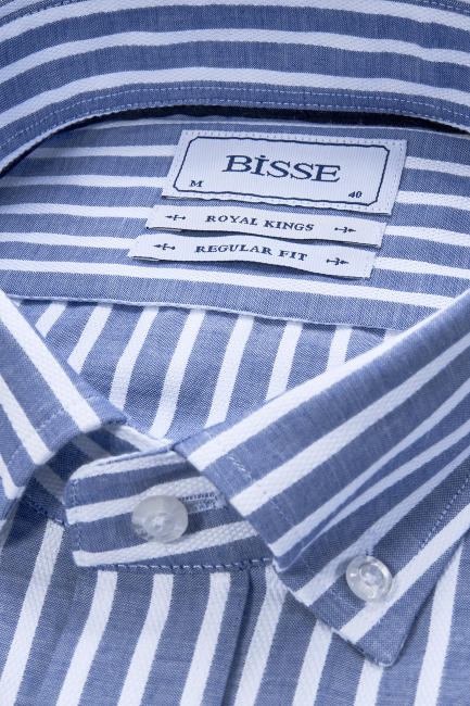 Regular Fit Paşa Yaka Çizgili Mavi Pamuk Erkek Gömlek - 4