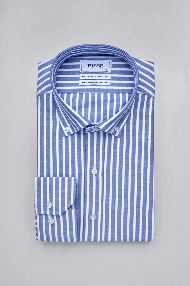 Regular Fit Paşa Yaka Çizgili Mavi Pamuk Erkek Gömlek - 3