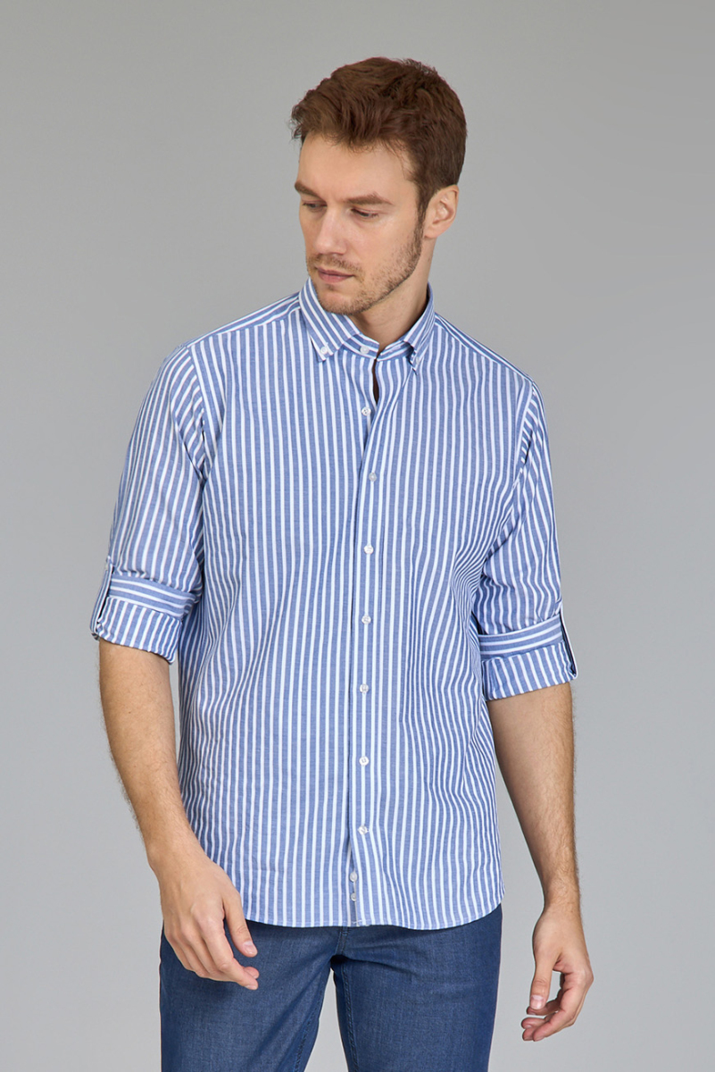 Regular Fit Paşa Yaka Çizgili Mavi Pamuk Erkek Gömlek (1)