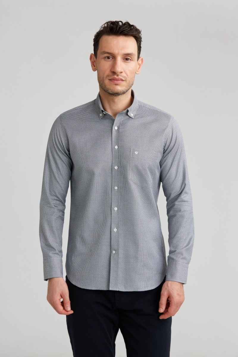 Regular Fit Paşa Yaka Desenli Gri Spor Erkek Gömlek - 1