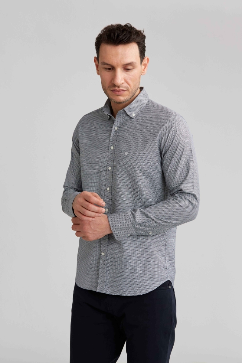 Regular Fit Paşa Yaka Desenli Gri Spor Erkek Gömlek - 4