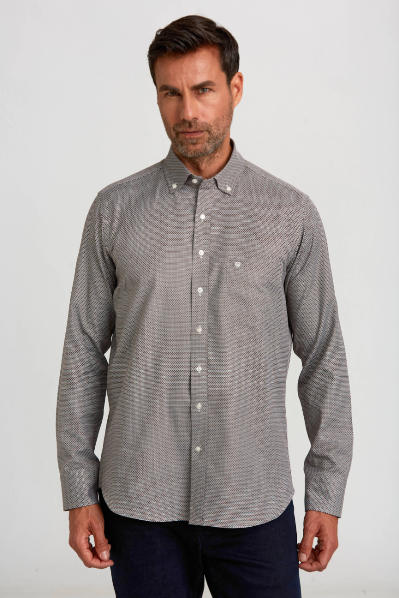 Regular Fit Paşa Yaka Desenli Kahve Erkek Gömlek - 1