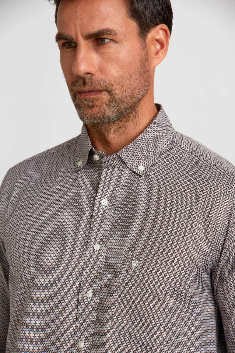 Regular Fit Paşa Yaka Desenli Kahve Erkek Gömlek - 5