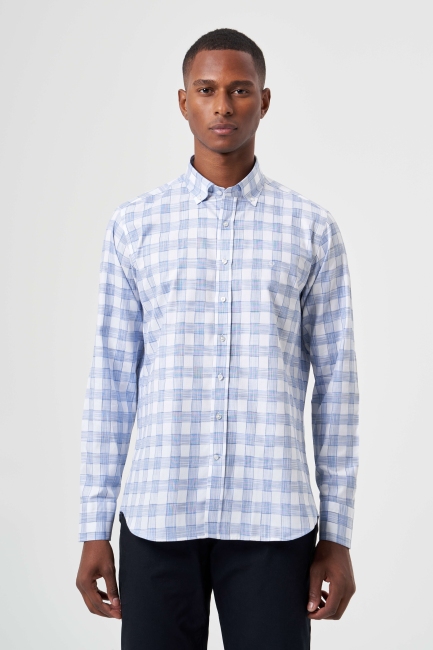 Regular Fit Paşa Yaka Desenli Mavi Kareli Erkek Gömlek 