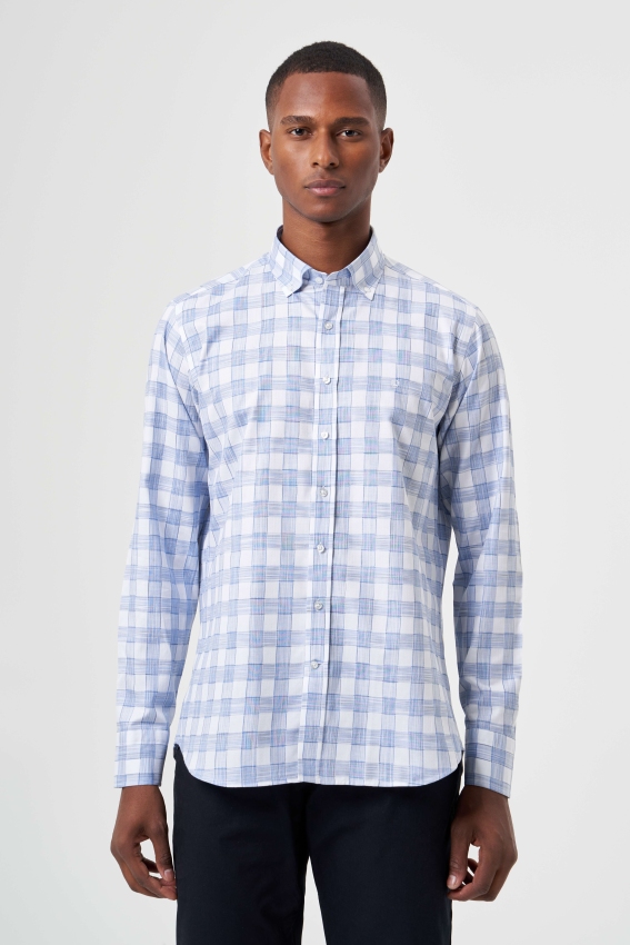 Regular Fit Paşa Yaka Desenli Mavi Kareli Erkek Gömlek - 1