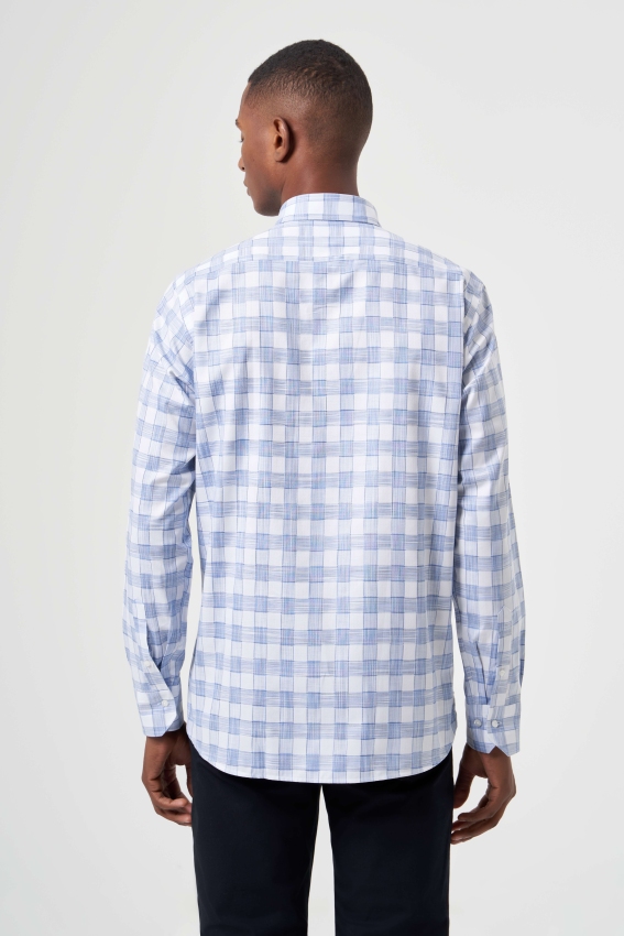 Regular Fit Paşa Yaka Desenli Mavi Kareli Erkek Gömlek - 2