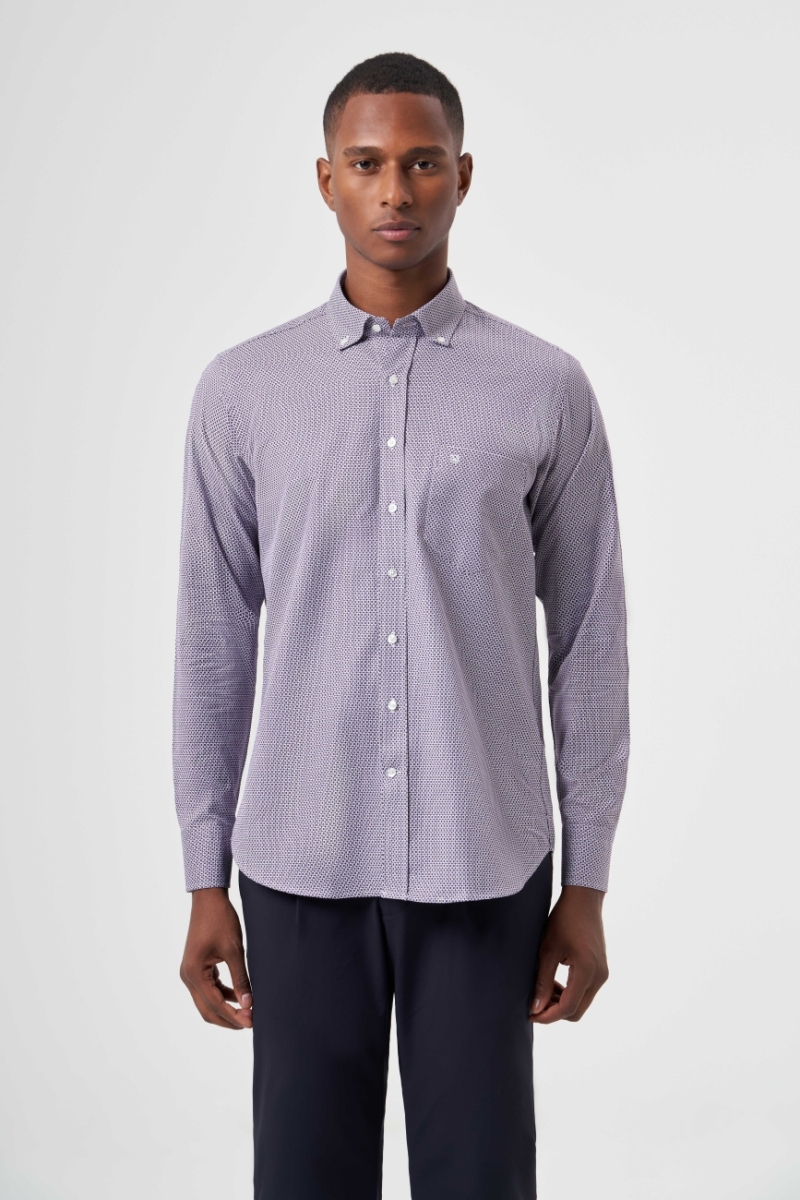 Regular Fit Paşa Yaka Desenli Pamuk Lila Erkek Gömlek - 1