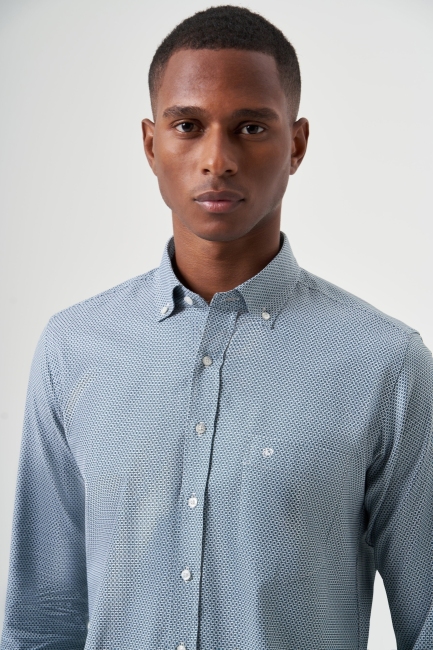 Regular Fit Paşa Yaka Desenli Yeşil Spor Erkek Gömlek - 5