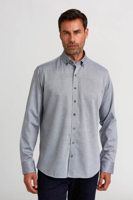 Regular Fit Paşa Yaka Düğmeli Gri Basic Spor Erkek Gömlek 