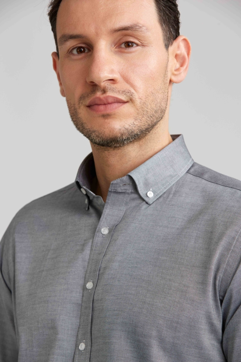 Regular Fit Paşa Yaka Düğmeli Gri Pamuk Erkek Gömlek - 4