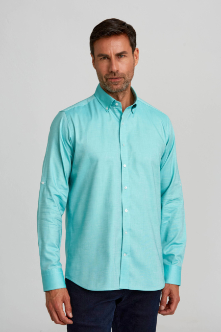 Regular Fit Paşa Yaka Düğmeli Haki Pamuk Erkek Gömlek 