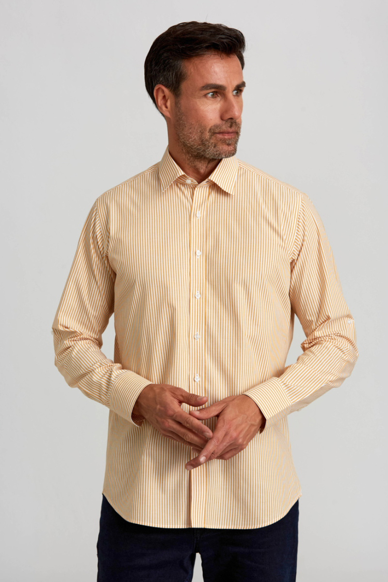 Regular Fit Paşa Yaka Düğmeli Hardal Pamuk Erkek Gömlek - 5