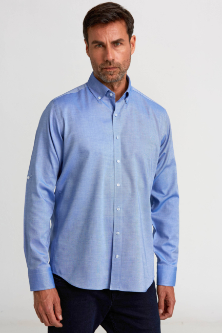 Regular Fit Paşa Yaka Düğmeli İndigo Pamuk Erkek Gömlek - 1