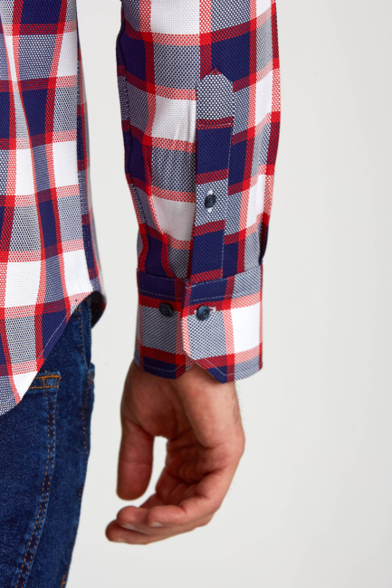 Regular Fit Paşa Yaka Düğmeli Kırmızı Ekoseli Pamuk Spor Erkek Gömlek - 3