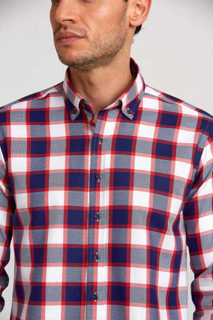 Regular Fit Paşa Yaka Düğmeli Kırmızı Ekoseli Pamuk Spor Erkek Gömlek - 4