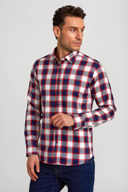 Regular Fit Paşa Yaka Düğmeli Kırmızı Ekoseli Pamuk Spor Erkek Gömlek - 5