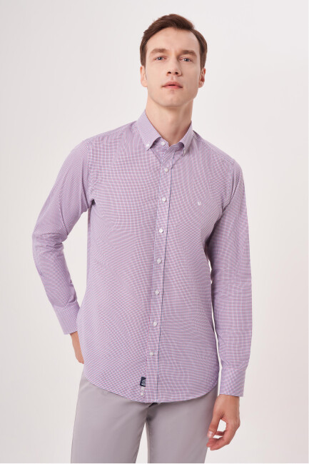 Regular Fit Paşa Yaka Düğmeli Kırmızı Erkek Gömlek - 4