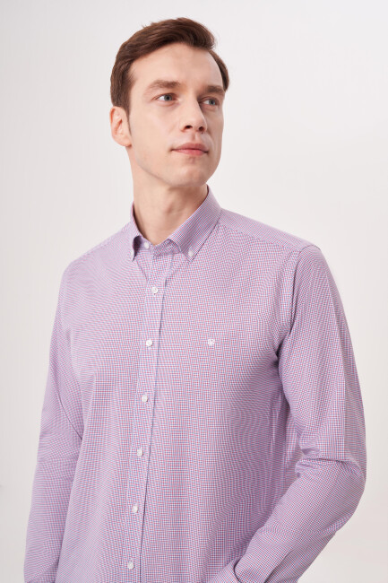 Regular Fit Paşa Yaka Düğmeli Kırmızı Erkek Gömlek - 3