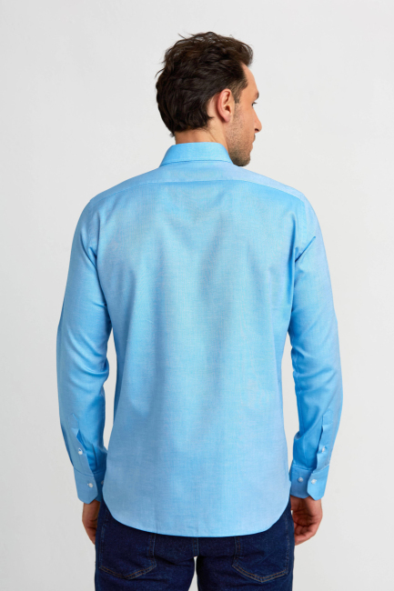 Regular Fit Paşa Yaka Düğmeli Koyu Mavi Pamuk Erkek Gömlek - 2