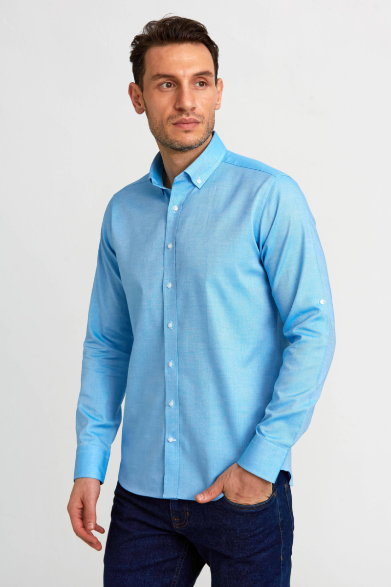Regular Fit Paşa Yaka Düğmeli Koyu Mavi Pamuk Erkek Gömlek - 5