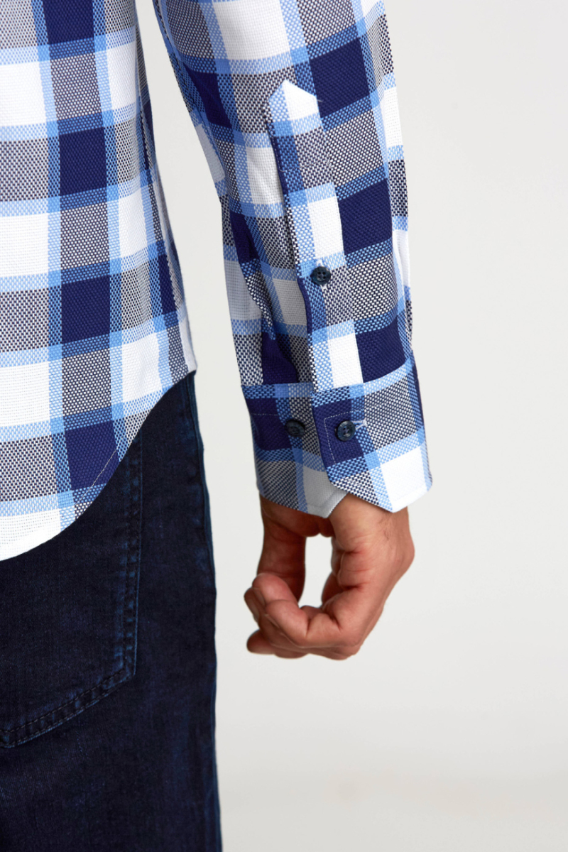 Regular Fit Paşa Yaka Düğmeli Mavi Ekoseli Pamuk Spor Erkek Gömlek - 5
