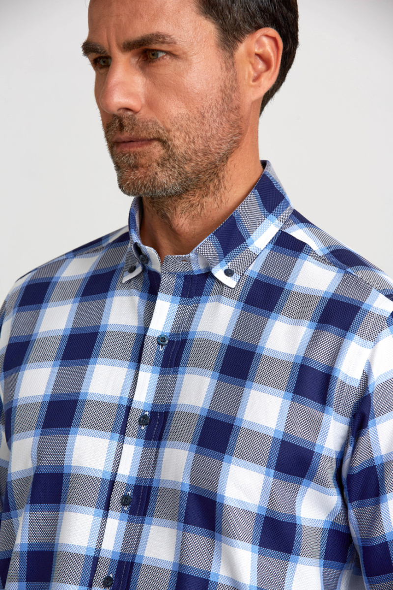 Regular Fit Paşa Yaka Düğmeli Mavi Ekoseli Pamuk Spor Erkek Gömlek - 4