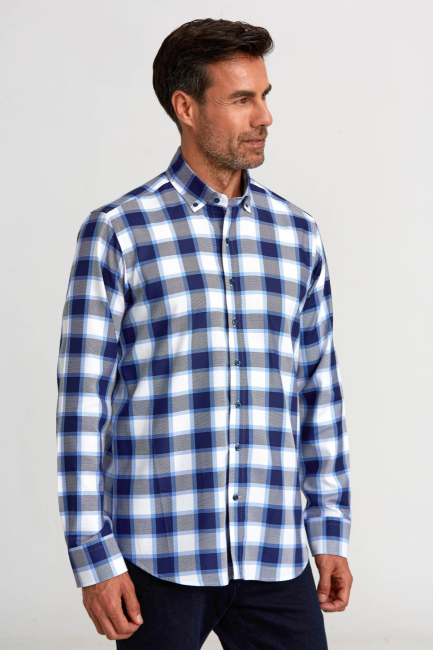 Regular Fit Paşa Yaka Düğmeli Mavi Ekoseli Pamuk Spor Erkek Gömlek - 2