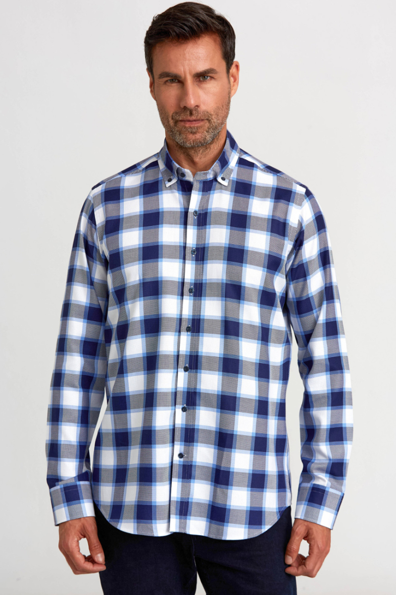 Regular Fit Paşa Yaka Düğmeli Mavi Ekoseli Pamuk Spor Erkek Gömlek