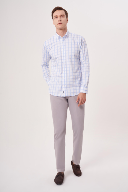 Regular Fit Paşa Yaka Düğmeli Mavi Erkek Gömlek - 4