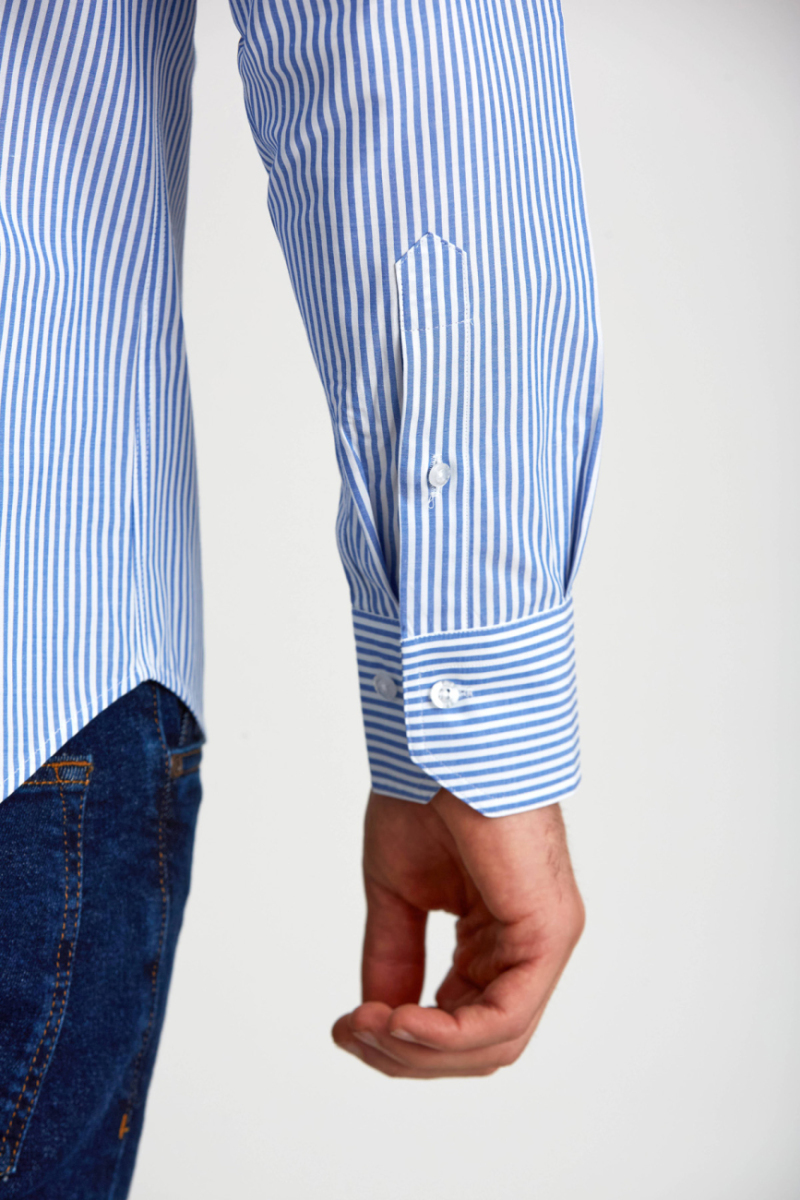 Regular Fit Paşa Yaka Düğmeli Mavi Pamuk Erkek Gömlek - 3