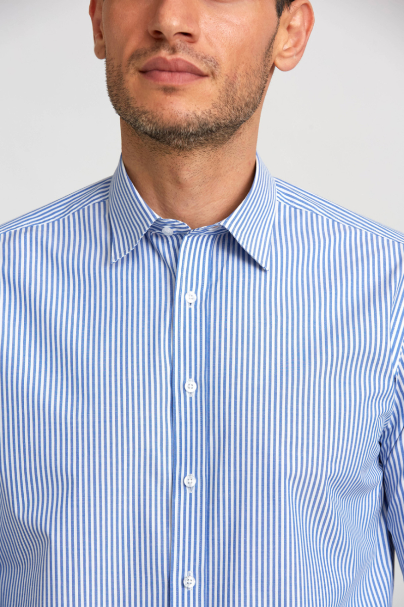 Regular Fit Paşa Yaka Düğmeli Mavi Pamuk Erkek Gömlek - 4