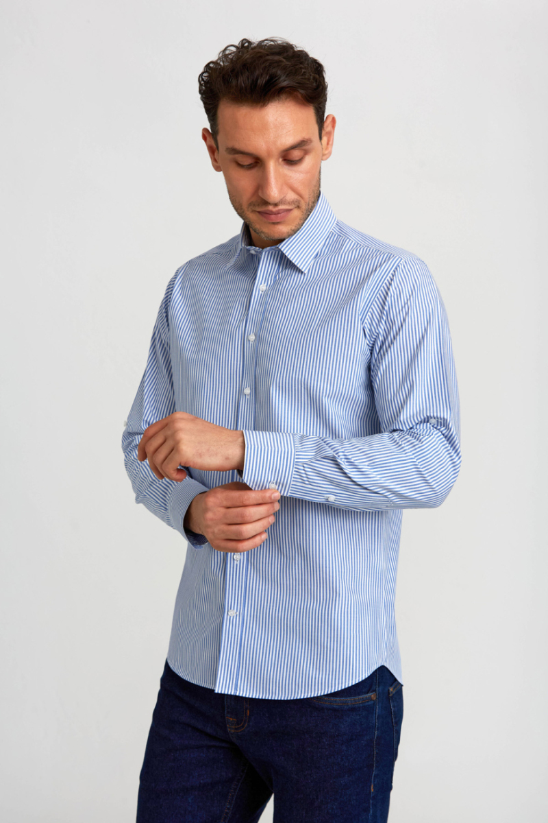 Regular Fit Paşa Yaka Düğmeli Mavi Pamuk Erkek Gömlek - 5