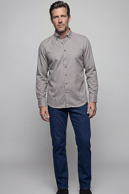 Regular Fit Paşa Yaka Düğmeli Pamuk Kahve Erkek Gömlek - 5