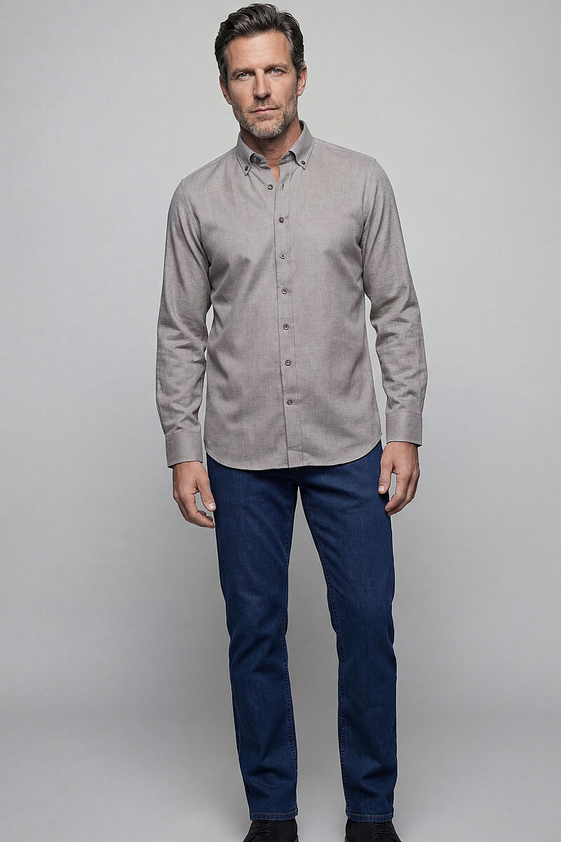 Regular Fit Paşa Yaka Düğmeli Pamuk Kahve Erkek Gömlek - 5