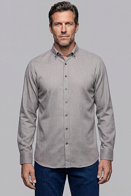 Regular Fit Paşa Yaka Düğmeli Pamuk Kahve Erkek Gömlek