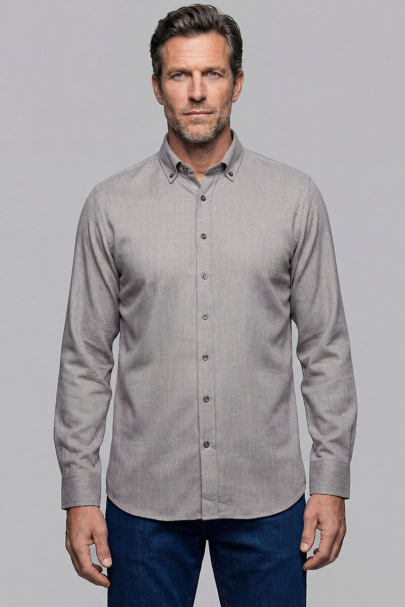 Regular Fit Paşa Yaka Düğmeli Pamuk Kahve Erkek Gömlek - 1