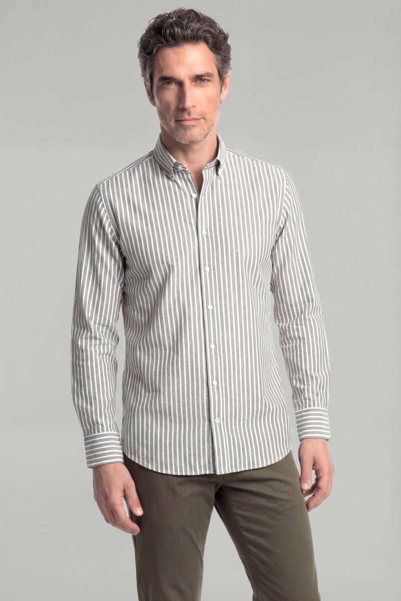 Regular Fit Paşa Yaka Düğmeli Pamuk Yeşil Erkek Gömlek - 1