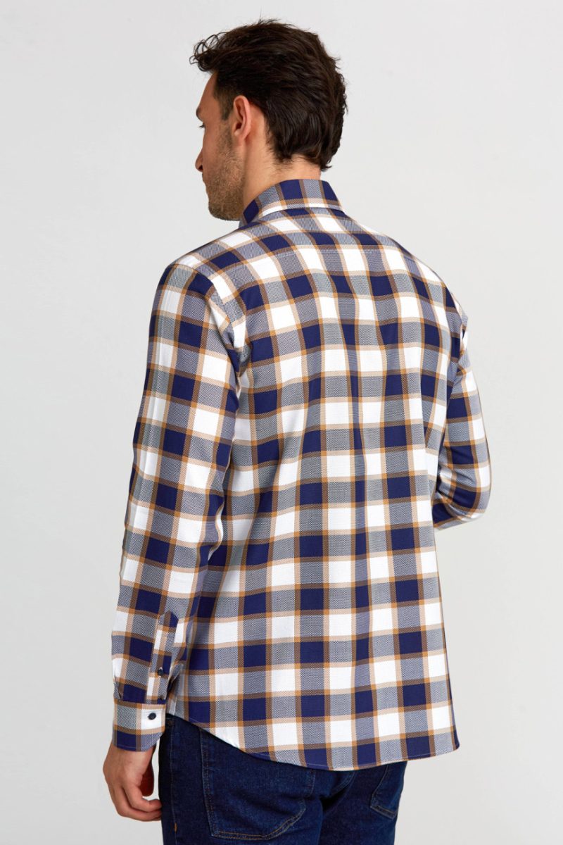 Regular Fit Paşa Yaka Düğmeli Sarı Ekoseli Pamuk Spor Erkek Gömlek - 2