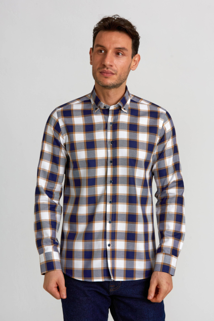 Regular Fit Paşa Yaka Düğmeli Sarı Ekoseli Pamuk Spor Erkek Gömlek