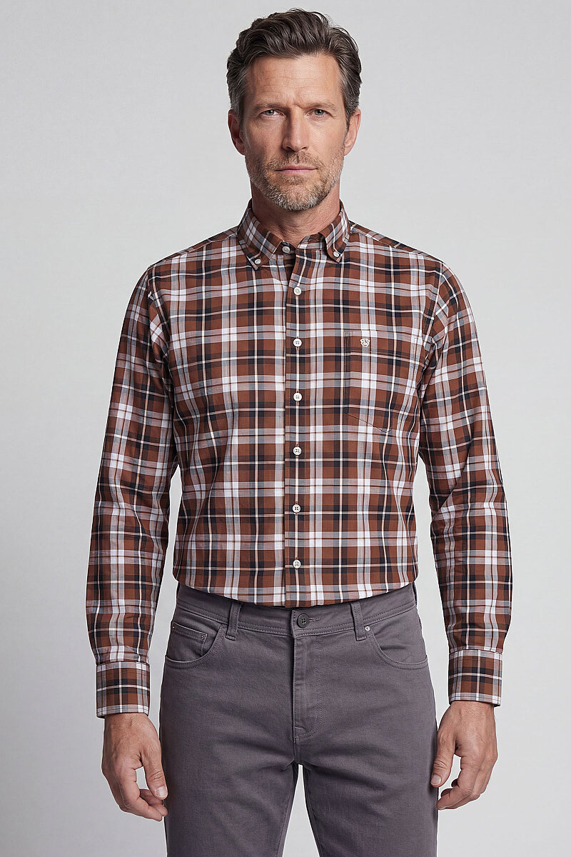 Regular Fit Paşa Yaka Ekose Pamuk Kahve Erkek Gömlek - 1