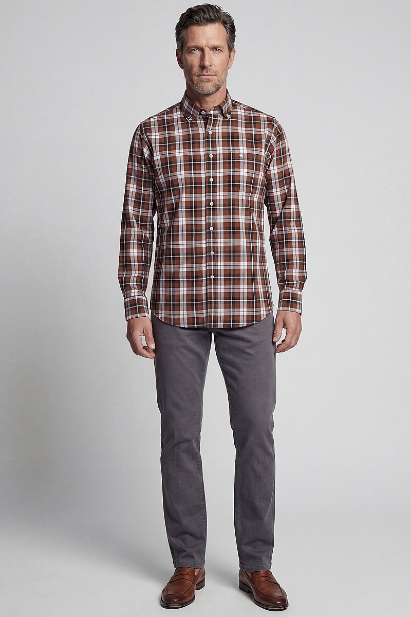 Regular Fit Paşa Yaka Ekose Pamuk Kahve Erkek Gömlek - 5