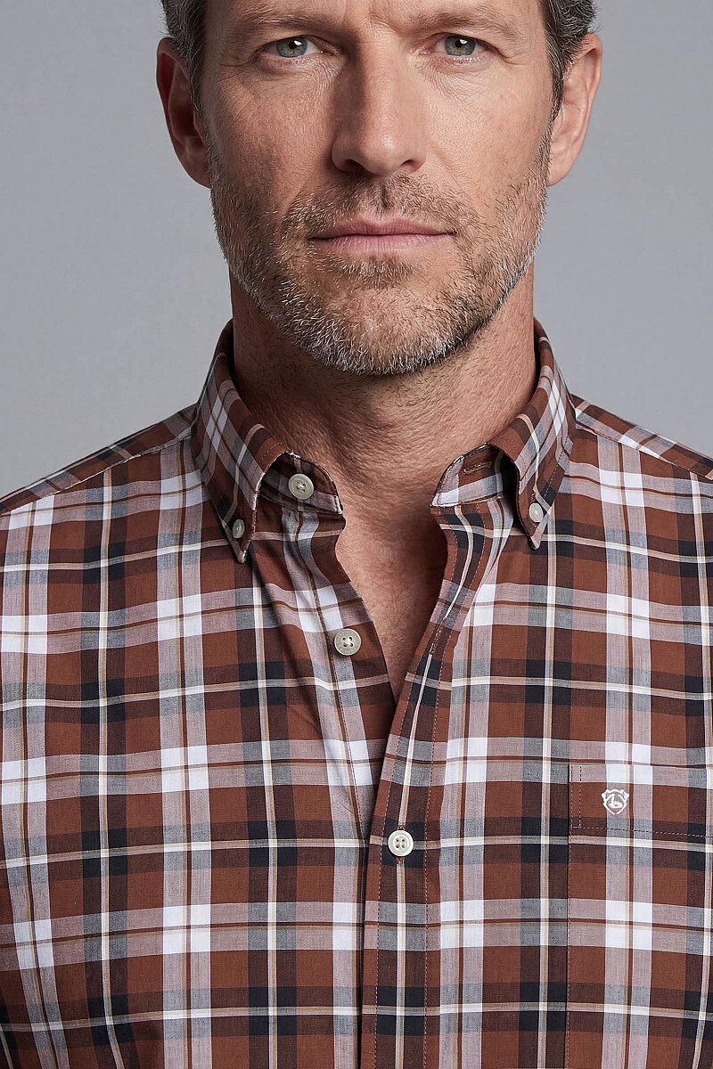 Regular Fit Paşa Yaka Ekose Pamuk Kahve Erkek Gömlek - 3