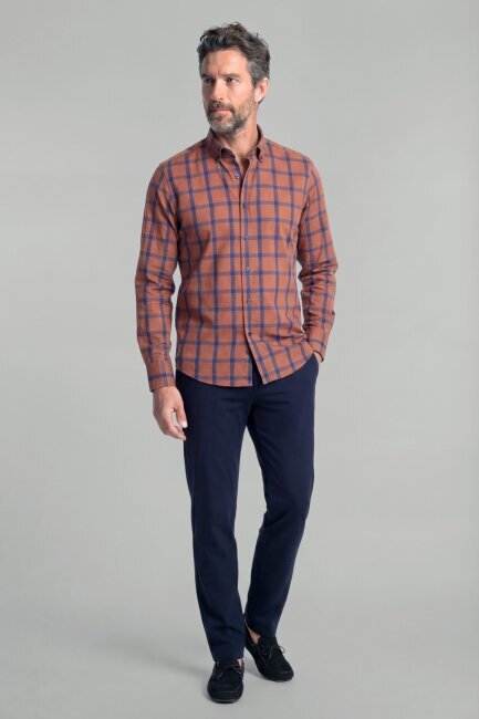 Regular Fit Paşa Yaka Ekose Pamuk Kiremit Erkek Gömlek - 4
